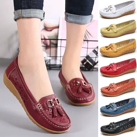 镂空豆豆鞋春夏平底舒适妈妈单鞋软面软底中老年宽松宽胖脚鞋防滑商品大图