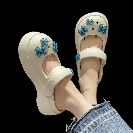 可爱蝴蝶结洞洞鞋女夏季室内外穿松糕厚底增高包头防滑两穿凉拖鞋商品大图