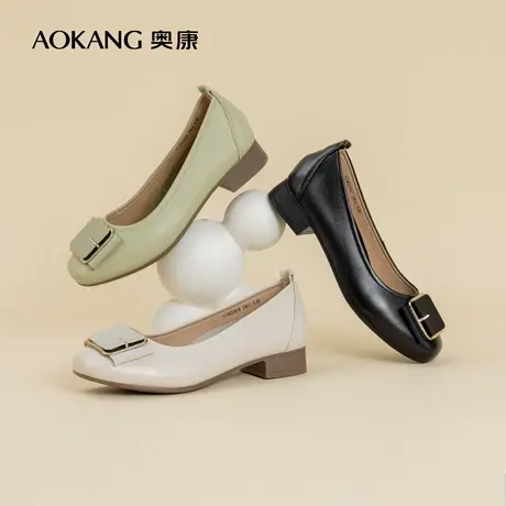 奥康女鞋2023秋季新款真皮舒适通勤鞋低跟浅口时尚方扣工作单鞋女商品大图