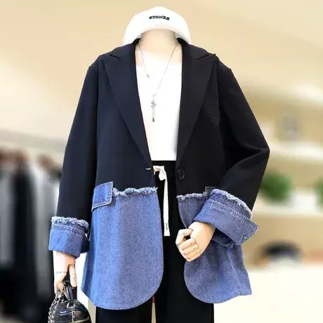 春秋季大码女装正肩牛仔拼接西装外套胖mm时尚宽松显瘦上衣200斤图片