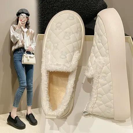 厚底乐福鞋女秋2023新款单鞋一脚蹬棉鞋女冬季加绒女鞋保暖豆豆鞋商品大图