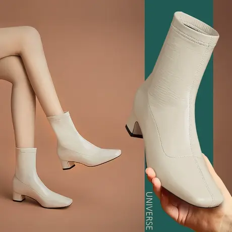 真皮羊皮中跟瘦瘦靴女单里不加绒纯色方头马丁靴法式粗跟短靴子女图片