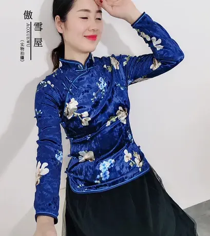 傲雪屋原创民国风冬季丝绒长袖旗袍上衣中式改良保暖改良唐装汉服商品大图