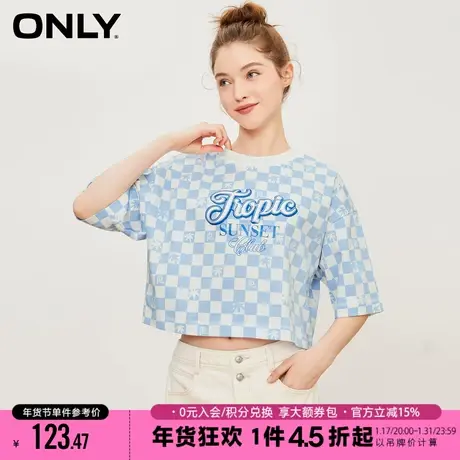 ONLY2023夏季新款时尚休闲棋盘格满印圆领短款T恤女|123101062商品大图