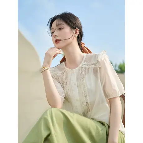 茵曼减龄圆领小飞袖衬衣2023夏女装新款蕾丝花边拼接门襟短袖上衣商品大图