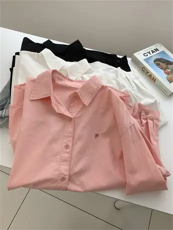 通勤百搭刺绣衬衫女宽松韩版翻领长袖衬衣外套2023秋款薄开衫上衣图片