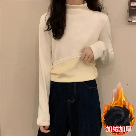 春秋冬德绒加绒加厚保暖半高领打底衫白色内搭洋气长袖t恤女上衣商品大图
