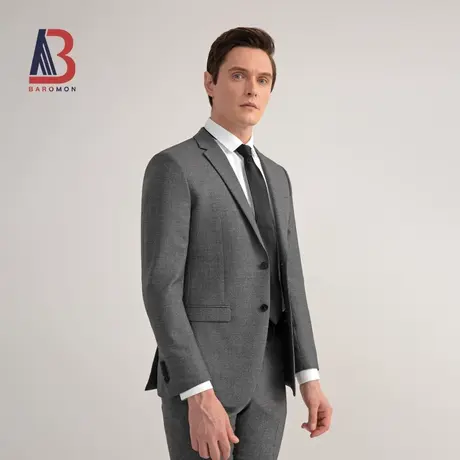 BAROMON/培罗蒙2023中年男士纯羊毛西装商务正装灰色修身西服套装图片