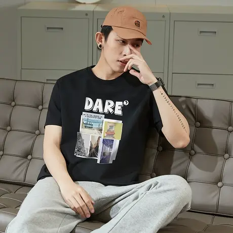 唐狮夏季纯棉短袖t恤男士潮纯色圆领休闲宽松打底衫夏装衣服体恤商品大图