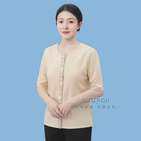 五分袖带胸垫前开扣上衣中老年中袖开衫术后放疗穿的衣服图片