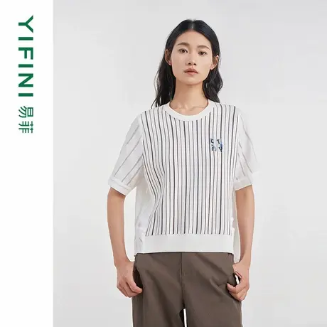 [专柜同款]Yifini/易菲竖条纹印花宽松短袖拼接针织衫女D04M1001商品大图