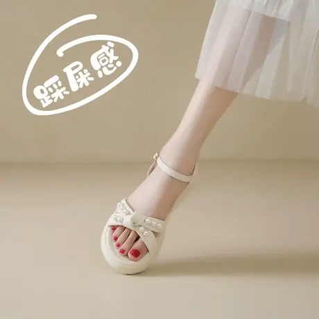 真皮时尚凉鞋女夏季平底少女鞋踩屎感软底外穿配裙子时装沙滩凉鞋图片