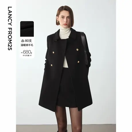 朗姿羊毛复古高级感法式中长款大衣2024冬季新款显瘦黑色毛呢外套图片