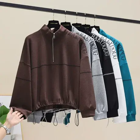 半拉链立领薄款卫衣女2023春秋新款慵懒风宽松百搭抽绳短款上衣潮图片