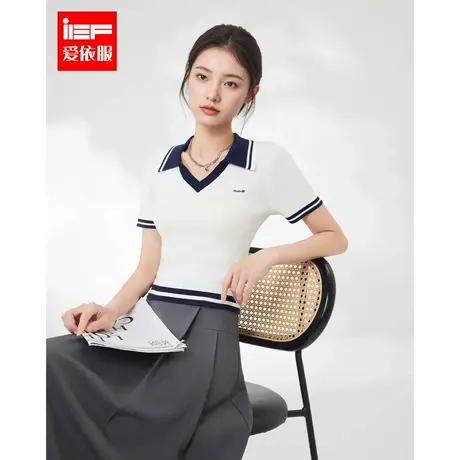 IEF/爱依服2025夏季新款学院风美式拼色减龄显瘦短款百搭毛织上衣商品大图