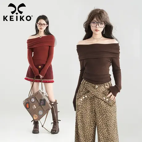 KEIKO 法式红色一字肩长袖针织衫女24秋冬修身显瘦毛衣露肩打底衫商品大图