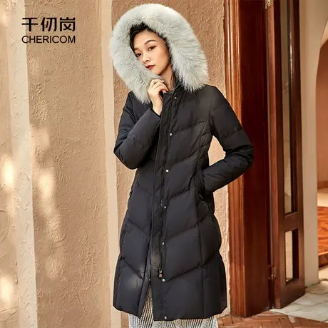 千仞岗秋冬女士大毛领连帽过膝中长羽绒服女外套Y279221YII商品大图