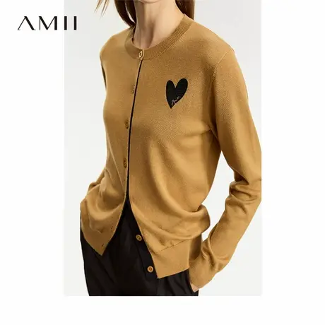 Amii爱心刺绣针织开衫女2025夏季新款美拉德穿搭上衣羊毛圆领小衫商品大图