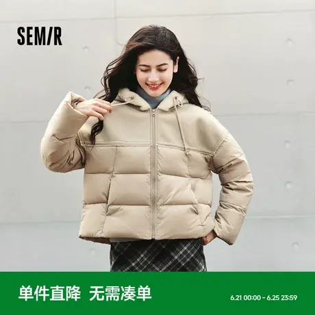 森马棉服女拼接宽松棉衣复古时尚2024冬季新款毛绒连帽面包服潮流图片