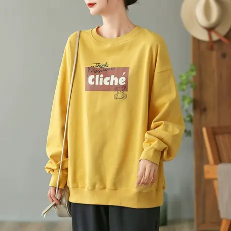 dza 复古休闲圆领套头卫衣女春秋新款宽松运动上衣百搭长袖外套女商品大图