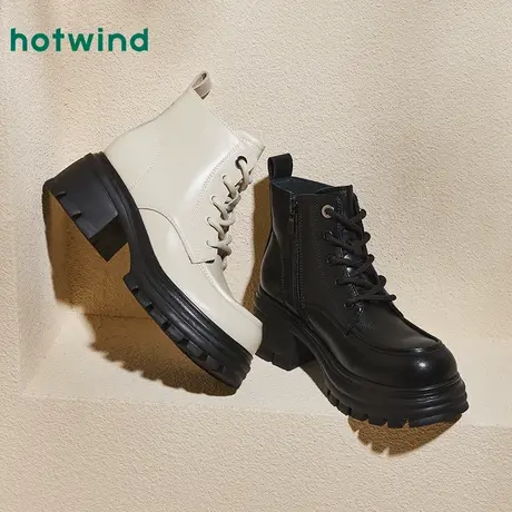热风时装靴女24秋新款女士英伦风增高厚底时装靴黑色马丁靴百搭商品大图