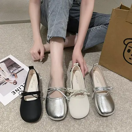 韩版蝴蝶结玛丽珍单鞋女2023年夏季新款网红平底设计感小众豆豆鞋商品大图
