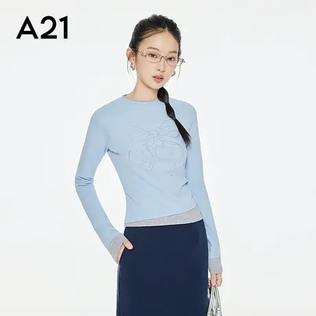 A21女装修身显瘦假两件T恤秋季新款韩系烫钻蝴蝶结上衣F453231010商品大图