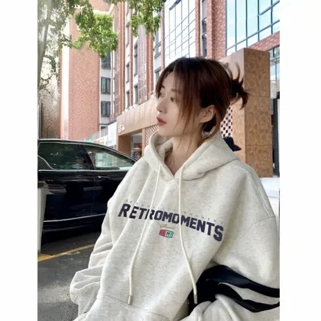 白灰色连帽卫衣女宽松慵懒风美式复古2025新款爆款秋冬季套头上衣图片