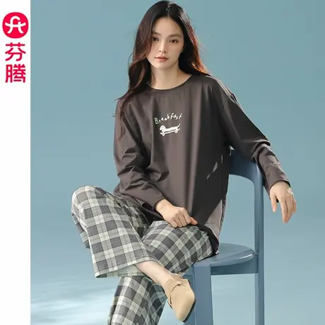 芬腾春秋睡衣女士纯棉长袖长裤套装秋季休闲大码女款可外穿家居服商品大图