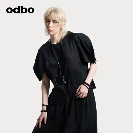 odbo/欧迪比欧短袖女t恤夏不规则剪裁设计感小众镂空圆领新款上衣图片