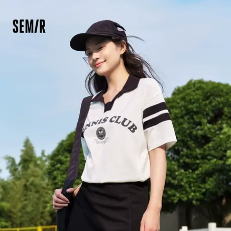 森马POLO衫女中长款纯棉字母印花时尚2024夏季新款宽松衣服学院XY图片