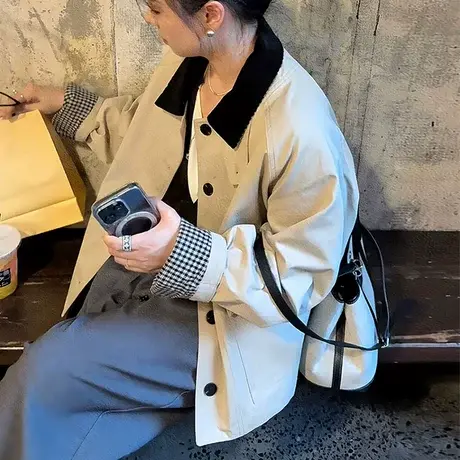 韩版休闲短款风衣外套女2025春秋新款时尚上衣宽松显瘦小个子大衣商品大图