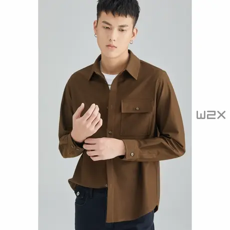w2x春秋季重磅灯芯绒长袖衬衫男细条纹衬衣设计感高级宽松寸衣潮商品大图