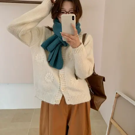 花朵毛衣开衫女2025秋季新款宽松圆领甜美减龄长袖针织衫上衣外穿商品大图