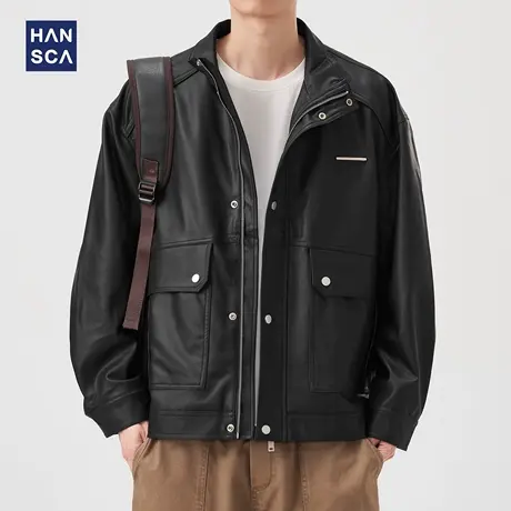 hansca美式复古黑色皮衣外套男2025秋季宽松立领痞帅机车工装夹克商品大图