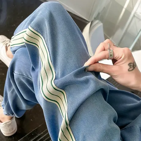 天丝束脚牛仔裤女2023春夏薄款高腰宽松显瘦松紧腰浅蓝九分哈伦裤商品大图