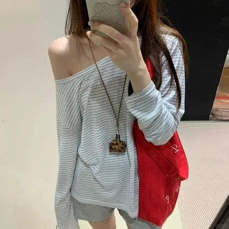 条纹大领口U领露锁骨长袖T恤女春秋韩版宽松内搭打底衫防晒衫上衣商品大图