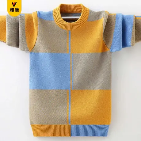 雅鹿男童毛衣春秋款加绒加厚大童套头针织衫儿童男孩圆领宽松线衣商品大图