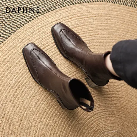 达芙妮法式美拉德短靴女2026新款冬季方头粗跟瘦瘦靴棕色马丁靴子图片