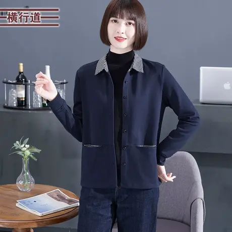 黑白格子衬衫领外套翻领上衣女拼接长袖外穿纯色春装宽松休闲开衫商品大图