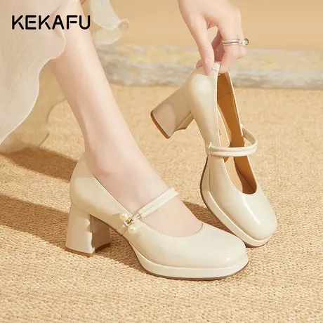 珂卡芙白色高跟鞋女2023新款秋季玛丽珍高跟单鞋女款晚晚风温柔鞋图片