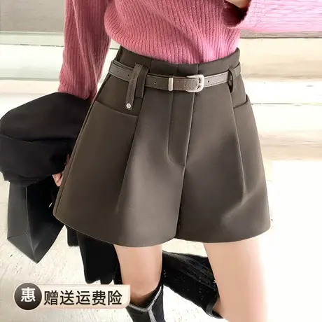 咖色高腰毛呢短裤女2023秋冬新款外穿显瘦设计感休闲a字阔腿靴裤图片