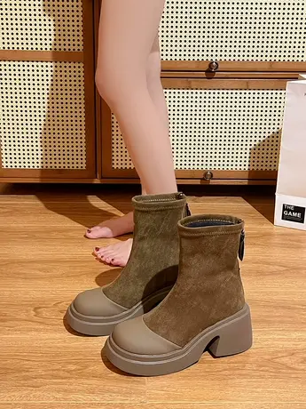 2023秋冬厚底增高弹力靴女靴子百搭及踝瘦瘦靴复古高跟短筒马丁靴图片