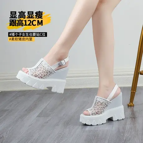 小个子10CM坡跟凉鞋女夏季新款白色蕾丝婚纱神器松糕鞋厚底高跟鞋商品大图