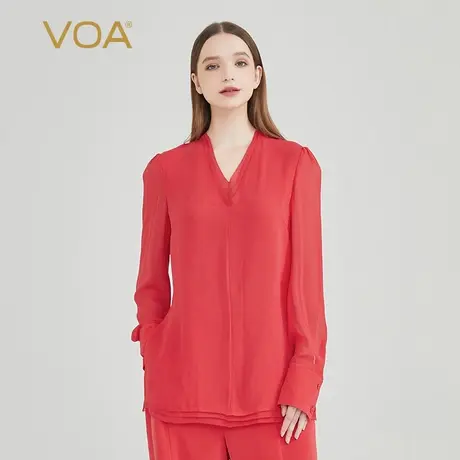 VOA桑蚕丝三层乔其纱红色对丝工艺V领侧边开叉直筒宽松长袖T恤女图片