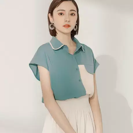 桔熊夏季通勤凉爽雪纺衫不对称撞色翻领衬衫上衣女大码AB18370图片