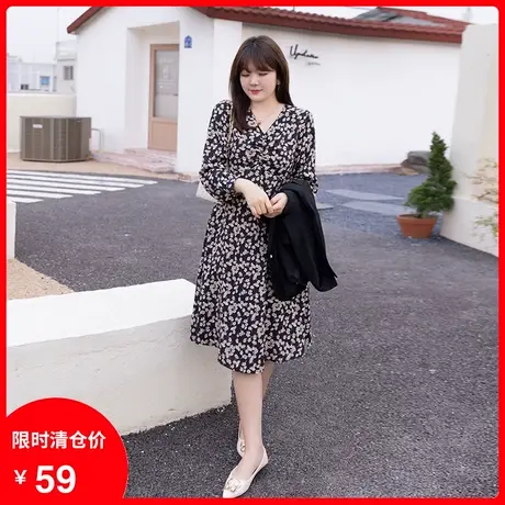 【清仓】新款显瘦气质胖MM雪纺碎花茶歇裙中长款大码连衣裙遮肚子商品大图