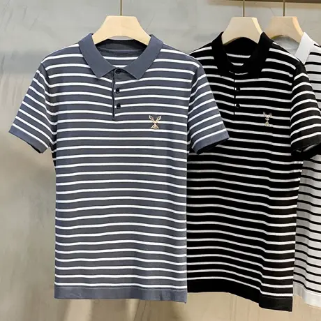 夏季条纹翻领POLO衫男短袖商务休闲潮牌小鹿刺绣针织衫保罗衫T恤商品大图