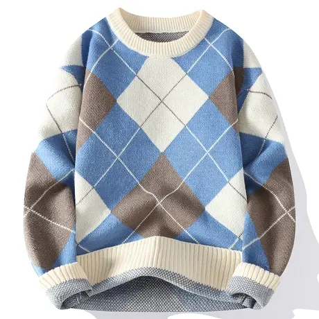 格子青少年毛衣男秋冬季撞色针织衫港风日系复古宽松休闲外套线衣商品大图