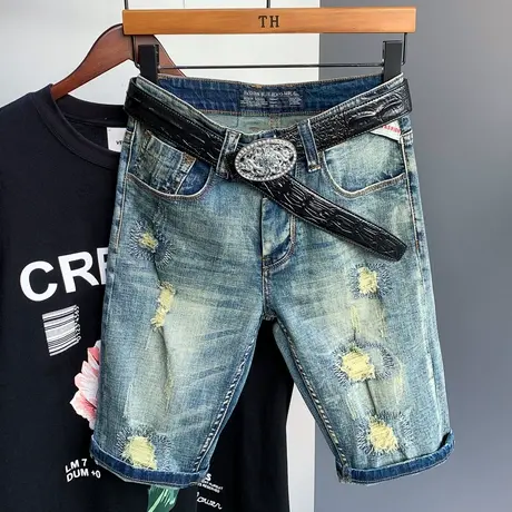 2021夏季新款潮牌破洞牛仔短裤子男五分中裤子男修身韩版潮流马裤商品大图